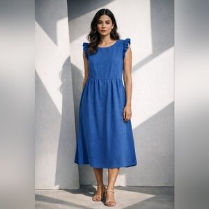 NWT Cameleon Ruffle-Shoulder Midi Dress in Blue Size Large